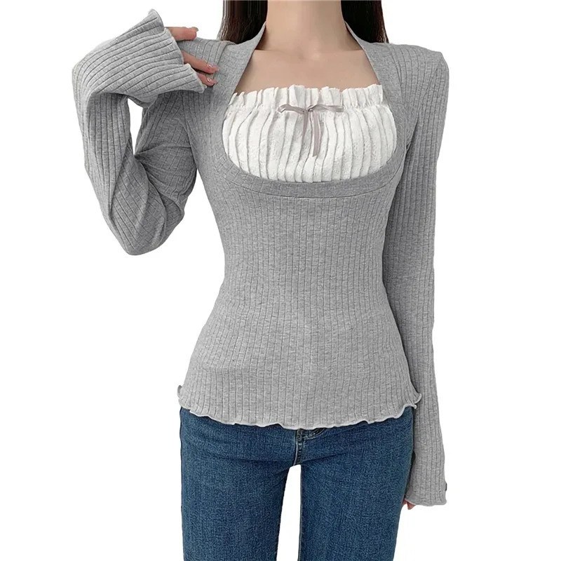Xingqing Elegant Lady Square Collar T Shirt Kawaii Clothes Fairy Grunge Long Sleeve Ribbed Tops y2k Tees 2000s Women Streetwear 241022