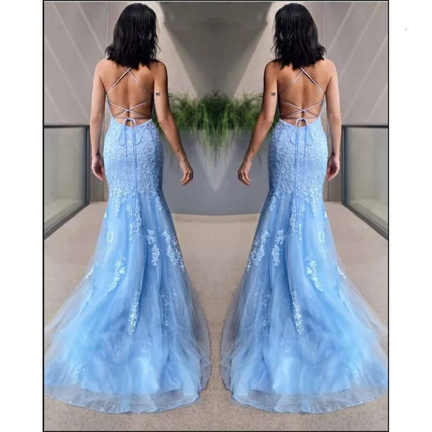 Tulle Lace Backless Sexy Appliques Mermaid Prom Dresses Long Halter Spaghetti Straps Women Ocn Evening Gowns