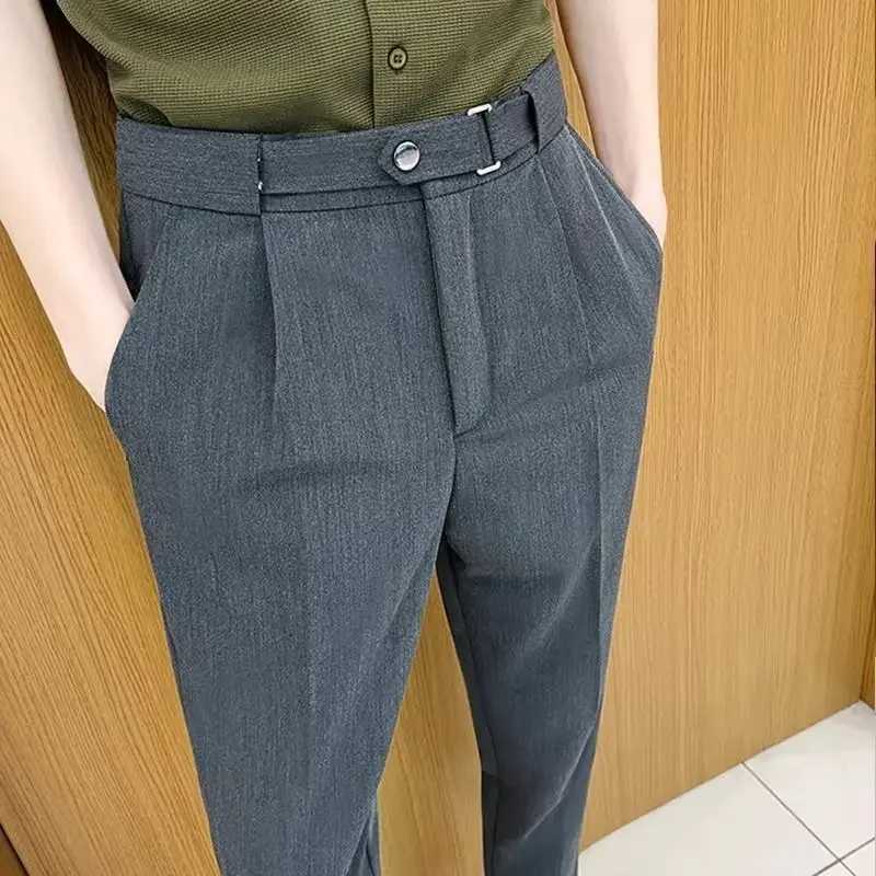 Draped with Belt Man Suits Pants Gray Fluid Trousers for Men Elegant Work Wear Fashion Vintage New in Slacks Tailoring Fabric UpX241023