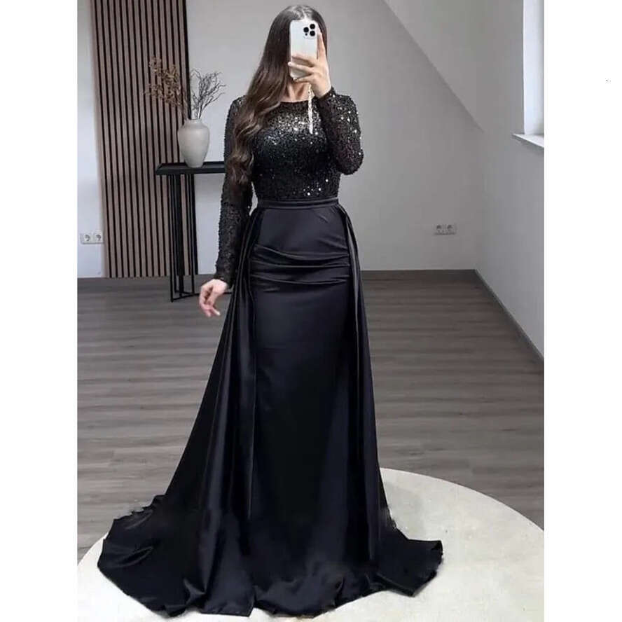 Vintage Long Arabic Dubai Sleeve Evening Dresses With Detachable Skirt Champagne Sier Mermaid Sparkle Sequined Women Ocn Party Gowns Bc