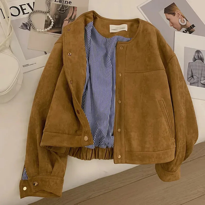 Suede short jacket womens Korean camel fashion long sleeved flight suit Harajuku single chest loose top womens retro jacket 241023