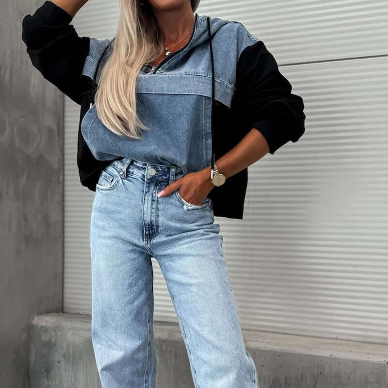 High end Women Elegant Denim Female Hoodie Sweatshirt Fashion Stitching Drawstring Hooded Ins High Street Jeans Long Sleeve