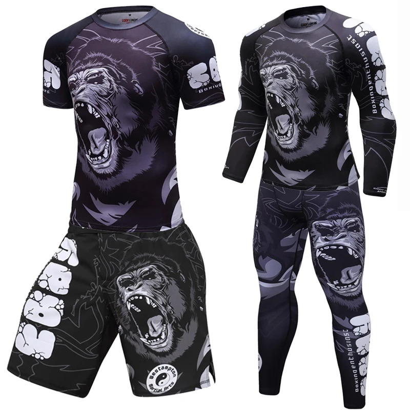 Mens Boxing Compression Rash Guard T-Shirts+Pants Sets Base Layer Athletic MMA Shorts BJJ No Gi Full Sportsuit Rashguard Shirt