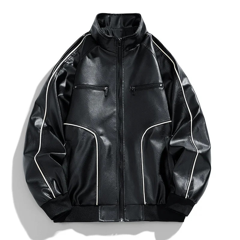 Mens motorcycle jacket stand up collar mens leather jacket fashionable and casual Pu autumn and winter jacket mens clothing 241023