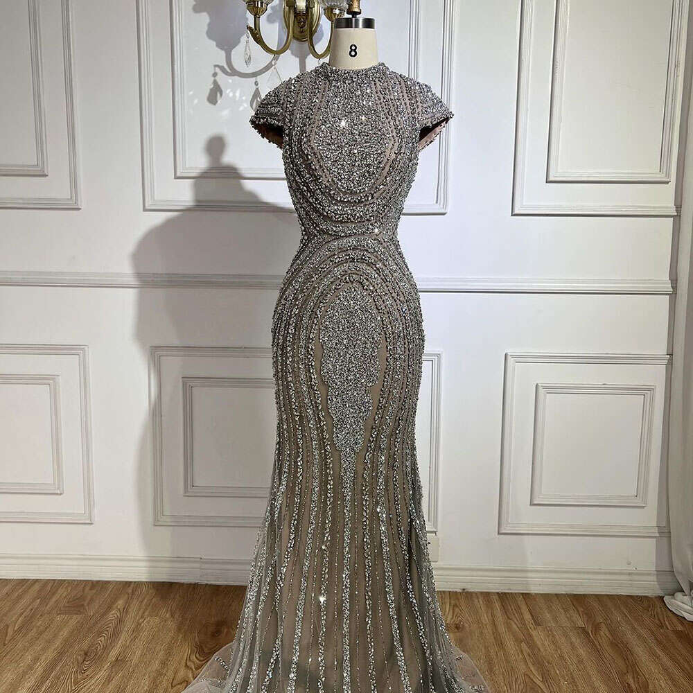 Serene Hill 2024 Arabic Dubai Gray Nude Mermaid or Length Beaded Evening Dresses Gowns for Women Party