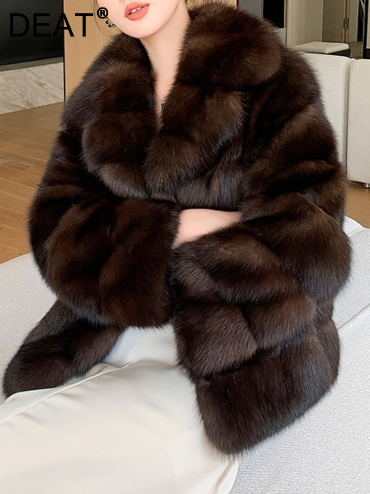 DEAT Fashion Women's Faux Fur Coat V-Neck Long Sleeves No Placket Thickening Warm Pockets Overcoat Winter 2024 New Tide 7Ab2642