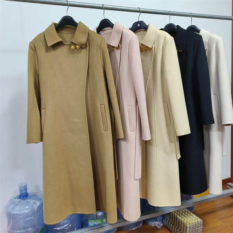 Rose Double-Sided Cashmere Women New Autumn Winter Lace-Up Metal Buckle Thick Wool Mid-Length Trench Coat