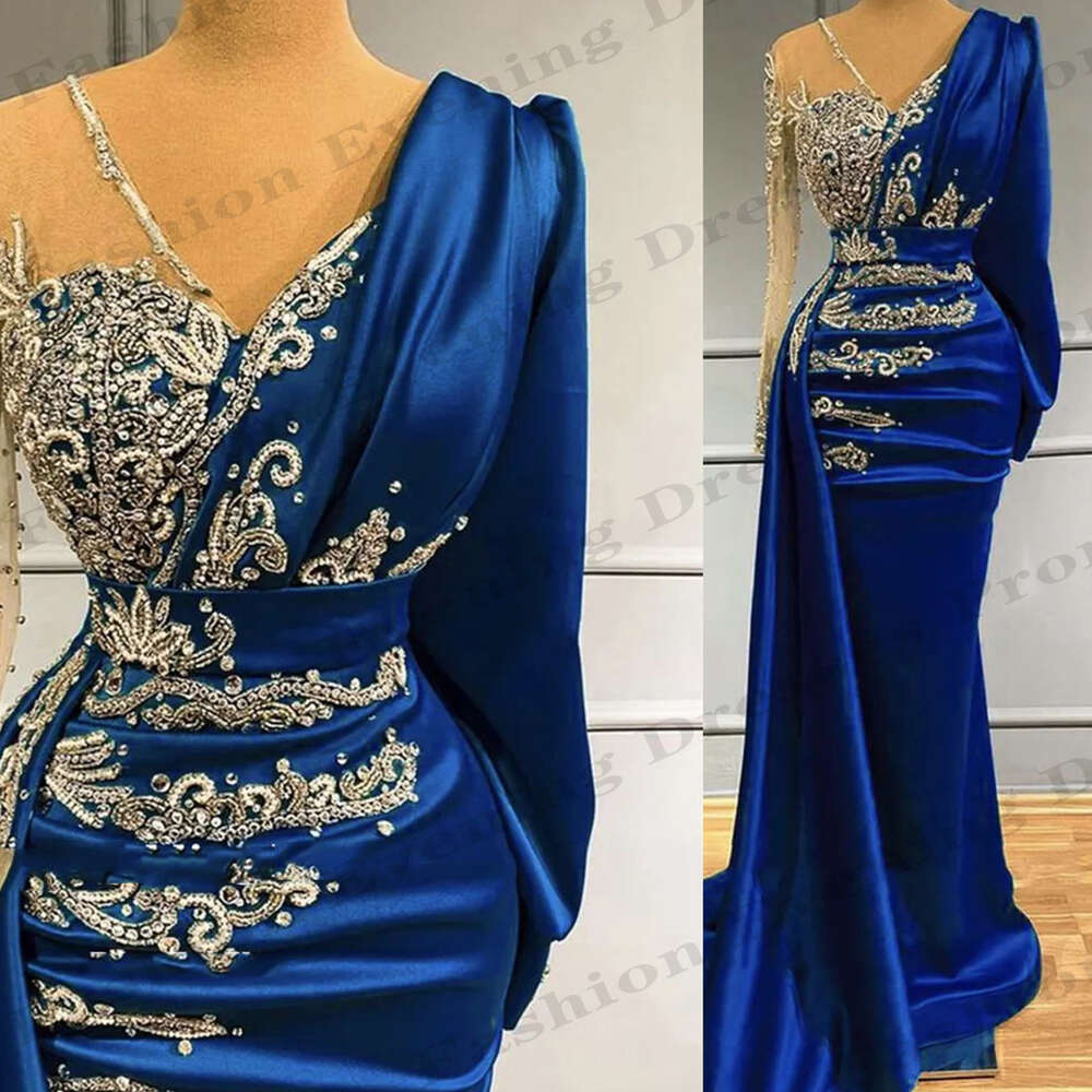 For Women Evening Dresses Gorgeous Satin Sexy Mermaid Long Sleeved Exquisite Lace Applique Slimming Mopping Prom Gown