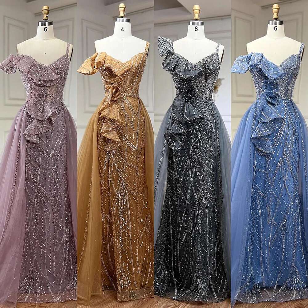 Serene Hill Golden Mermaid Evening Dress With Skirt - Women's Grey Beaded Spaghetti Strap Party 2024