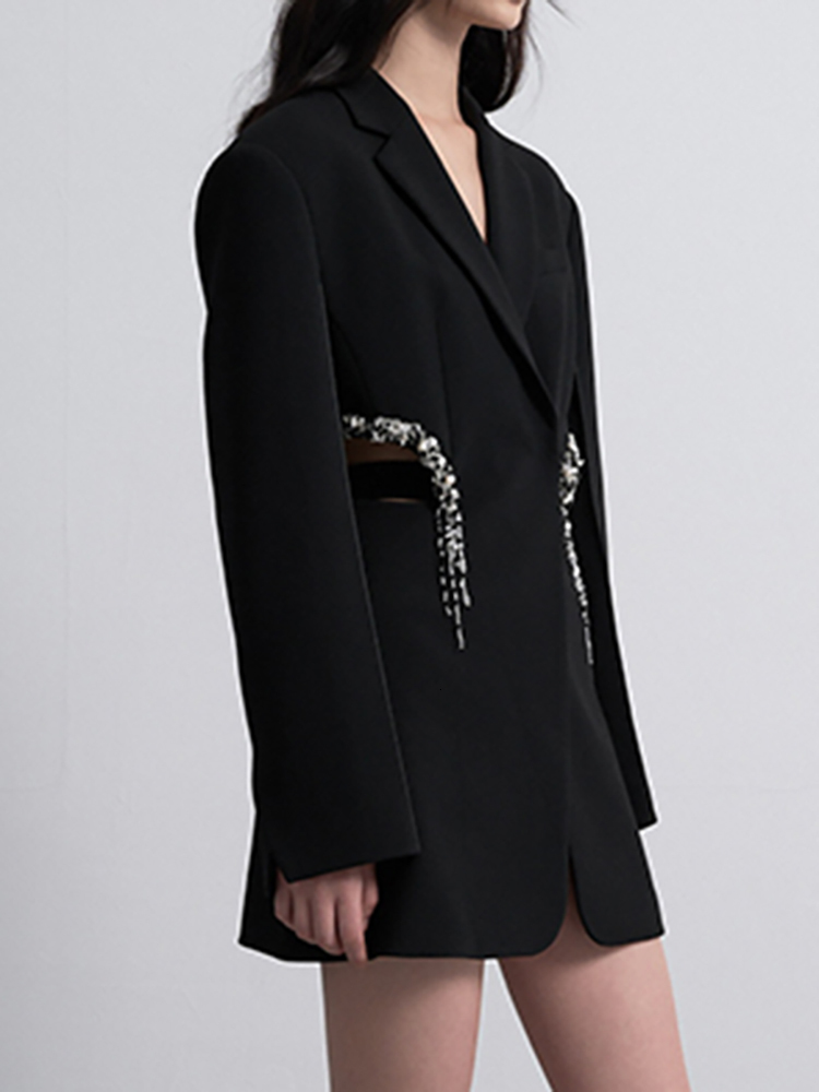 DEAT Fashion Women's Blazer Notched Collar Hidden Breasted Long Sleeve Hollow Out Spliced Crystal Suit Summer 2024 New 17A7109