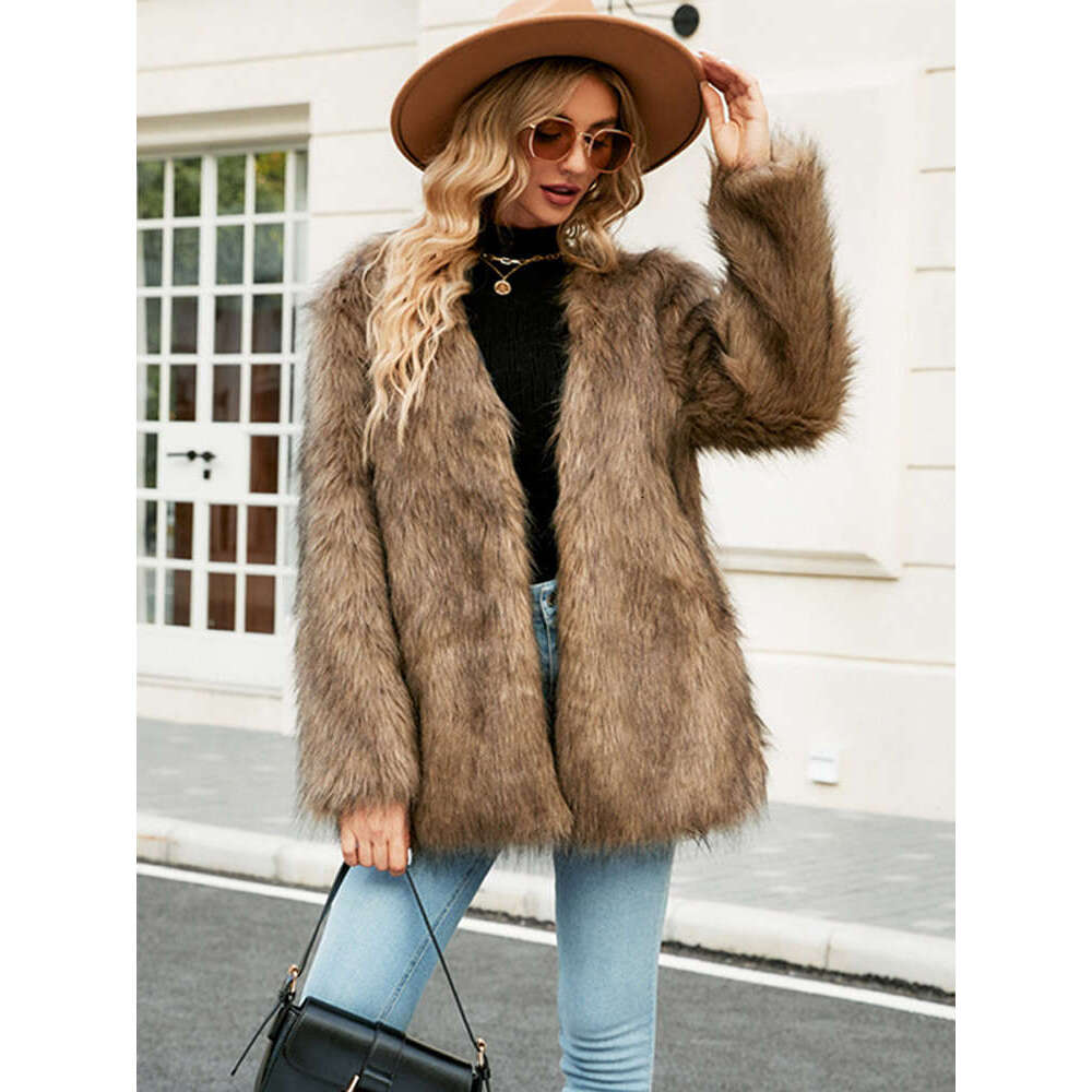 Fashion Faux Fur Coat Women Elegant Turn Down Collar Female Medium Long Coats 2024 Winter Warmer New High Street Ladies Jacket