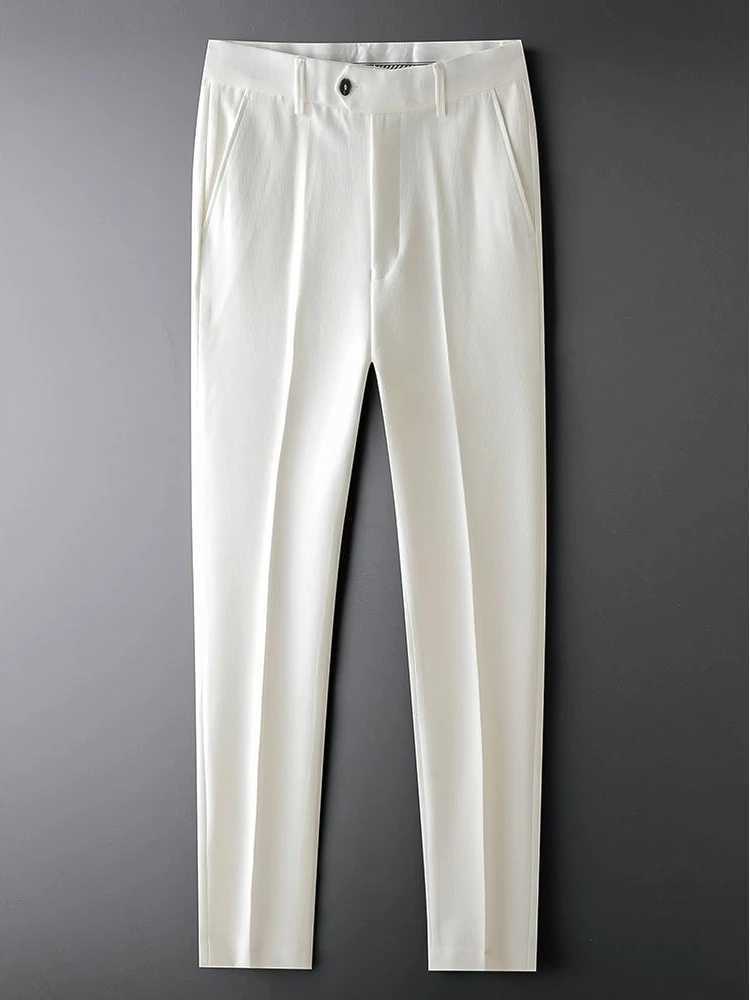 White Cooling Man Suits Pants Ice Silk 9 Cropped Classic Fashion Formal Clothes Trousers for Men Offer Spandex Summer 2024 UpX241023