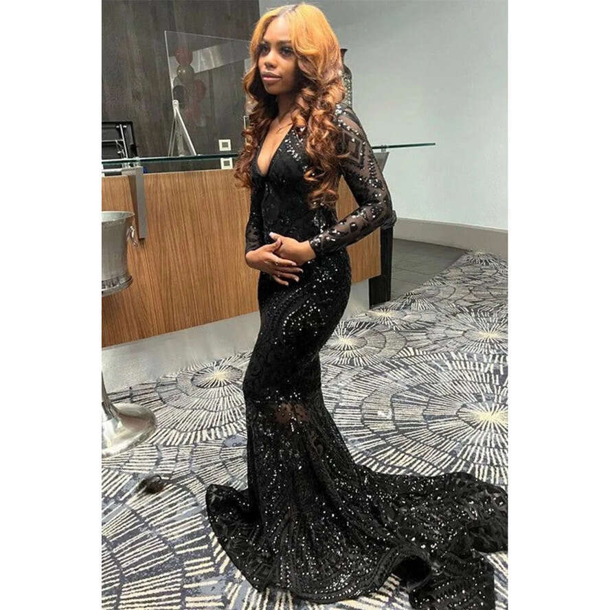 Black Sleeve Vintage Long Lace Sequined Prom Dresses For African Girls 2024 Celebrity Evening Gowns Sexy V Neck Illusion Vestidos De Bal Bc18481 estid