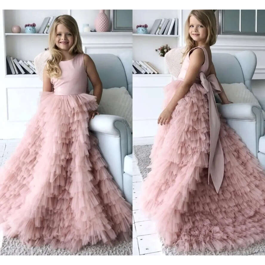 Pink Cacscading Girls Ruffles Pageant Dresses Princess A E Jewel Neck Backless Wer Girl Dress With Big Bow Sash Teens Formal Party Birthday Gowns Bc18