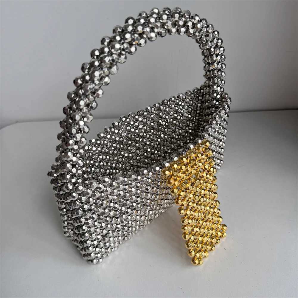 Handmade Beading Bag Ladies Silver Gold Plated Shoulder Handle Portable Handbag Flap Bucket Rocky Girl Y2k Clutches Acrylic 241023
