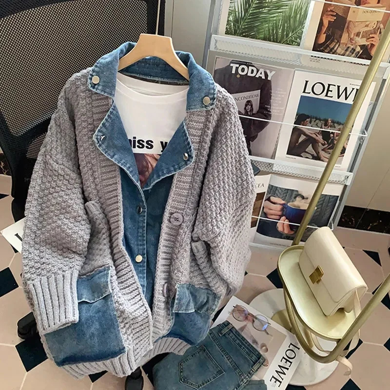 Fat mm200 Pounds Vintage Denim Patchwork Sweater Coat ins Fashion Woman Autumn and Winter Thickened Loose Niche Cardigan 241021