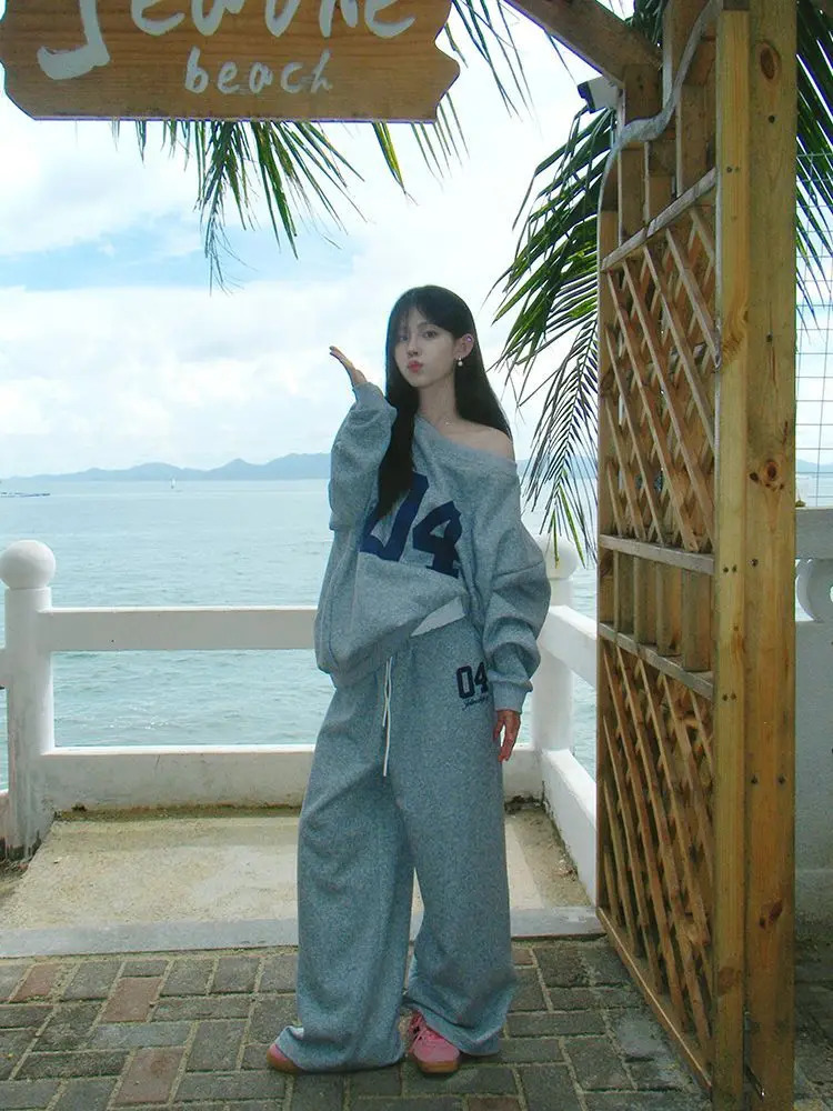 HOUZHOU casual 2-piece womens pants set oversized Korean style set retro letter printed shoulder sportswear 241023