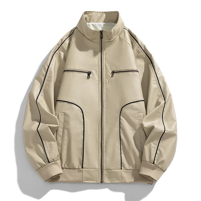 Mens motorcycle jacket stand up collar mens leather jacket fashionable and casual Pu autumn and winter jacket mens clothing 241023