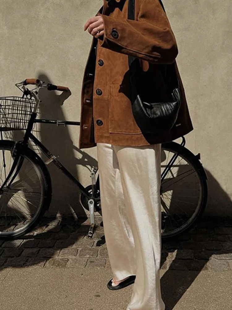 Retro brown suede womens jacket solid color single corset jacket autumn casual loose womens jacket 241023