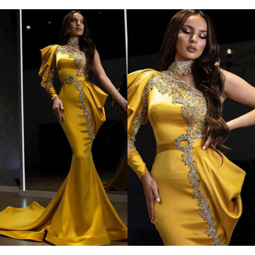 Ebi Vintage Arabic ASO Long Sleeve Evening Dresses High Neck One Shoulder Appliques Beads Women Formal Ocn Party Gowns Prom Birthday Dress Bc18491