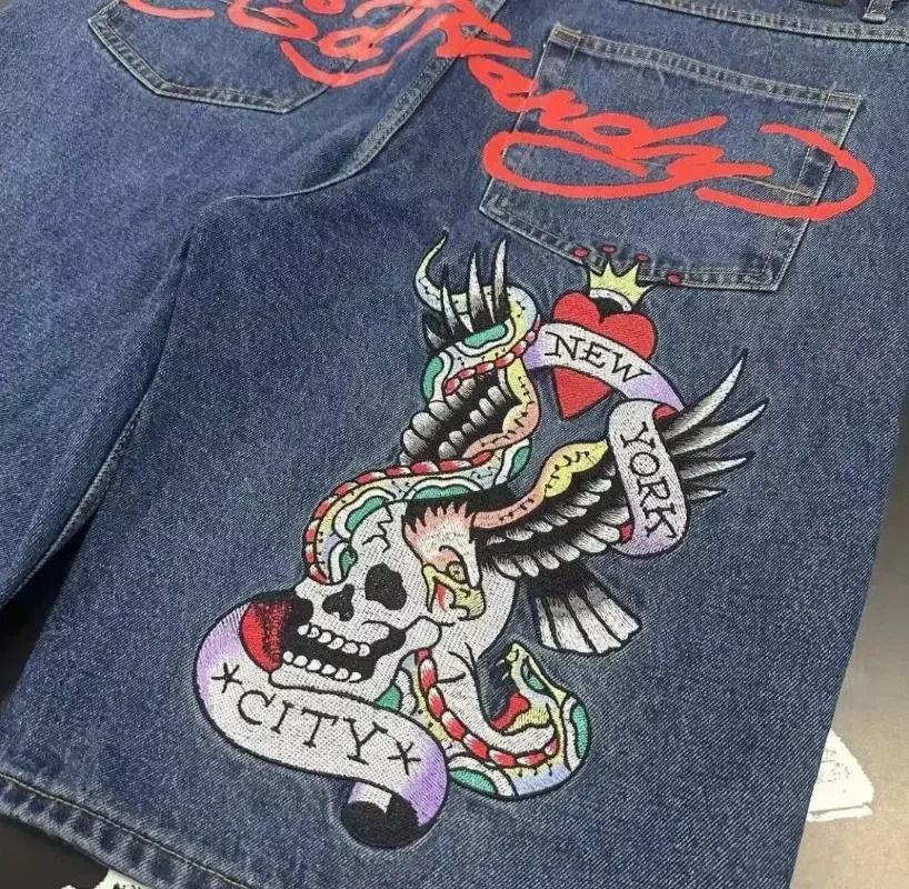 90s pocket shorts mens fashion letter denim shorts retro Harajuku hip-hop gothic punk gothic wide leg pants street wear 241019