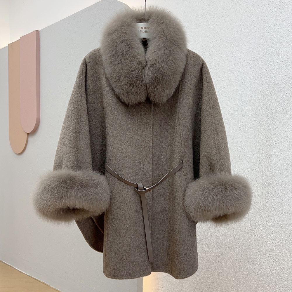 Winter Women's Real Fox Fur 100% Wool Cloak Cashmere Warm Jacket Detachable Collar Thick Female Coat