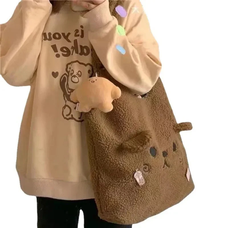 Winter Soft Plush Handbag Womens Cartoon Embroidery Imitation Sheepskin Hair Shoulder Bag Womens Shopping Bag No Pendant 241022 ww