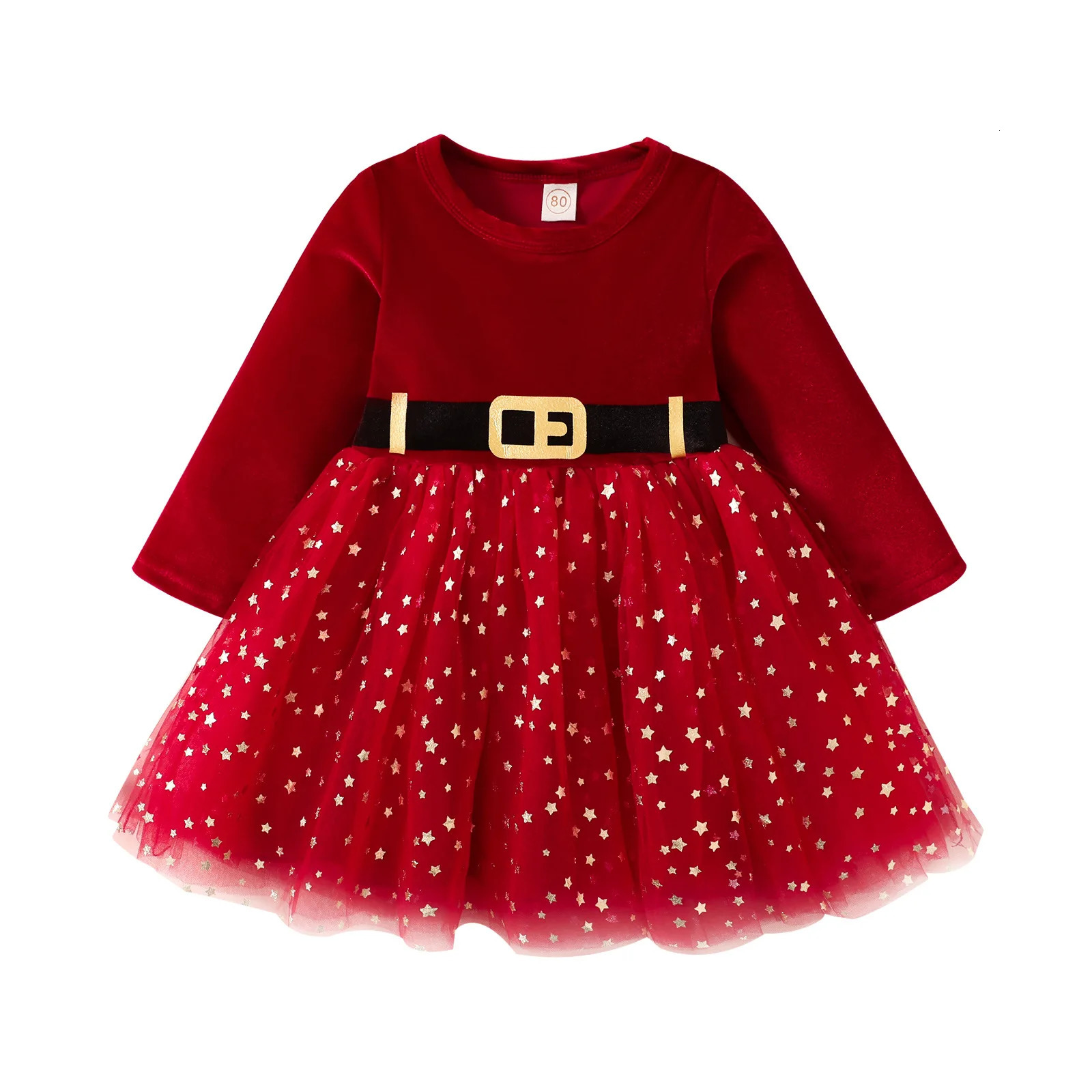 Christmas baby clothing 1-5 Y girl star grid patchwork dress autumn long sleeved princess dress Years clothing 241022