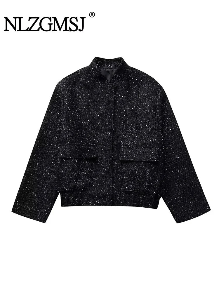 Nlzgmsj womens shiny sequin jacket Y2k gold stand collar long sleeved short sleeved jacket autumn and winter womens high street clothing 241022