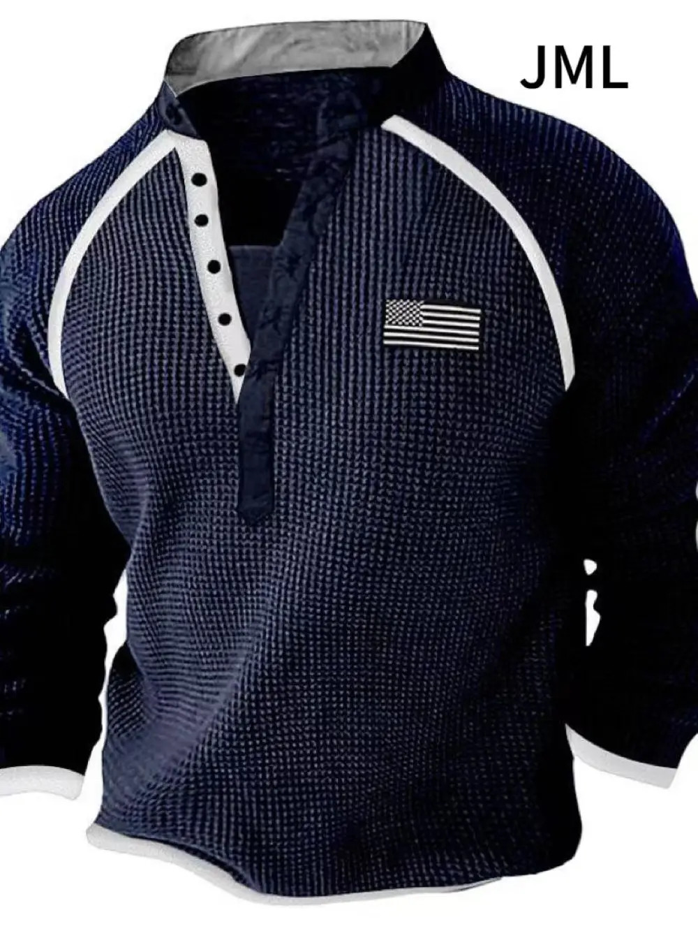 Mens waffle Henry collar long sleeved T-shirt European spring comfortable cotton casual fashion sports top flag decoration 241023