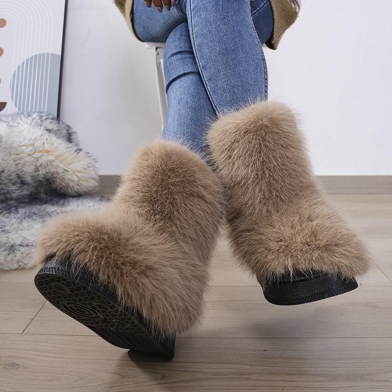 Boot Fur Womens Winter Snow Women Ski Fluffy Hairy Lace Up Middle Calf Platform Flat With White Cotton Boots