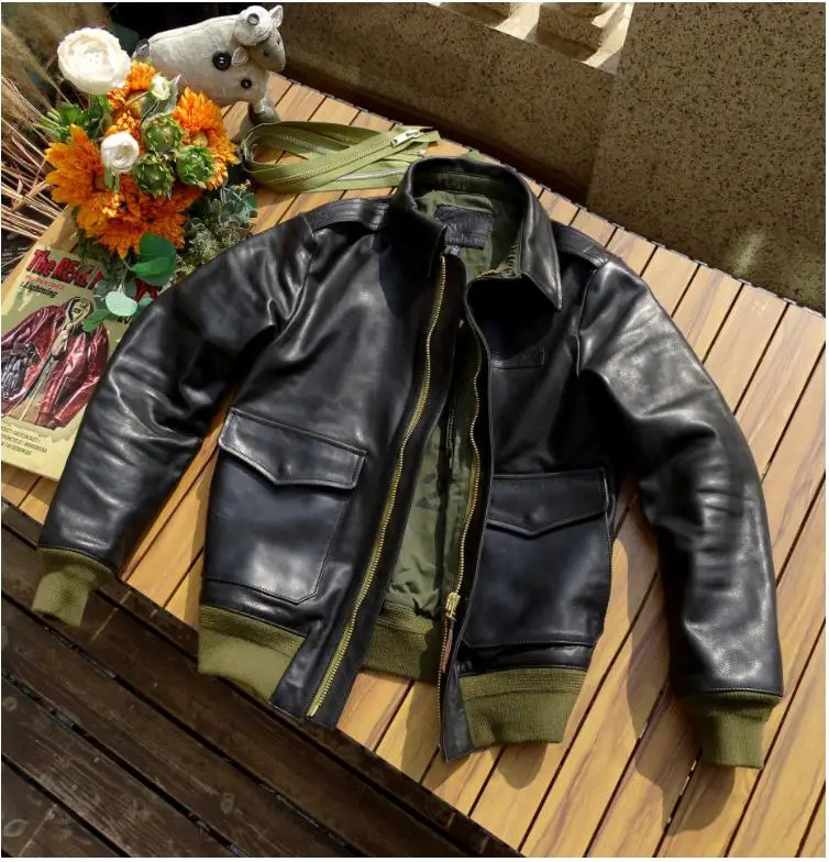 CC store. Bomber A2 style leather jacket. Mens thick Italian sheepskin coat. High quality casual leather A-2 outerwear 241023