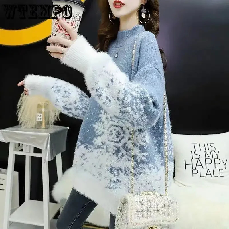 WTEMPO Womens Long Sleeve Drop Shoulder Christmas Sweater Fleece Lined Knitted Jumper Turn Down Collar Deer Snowflake Knitwear 241021