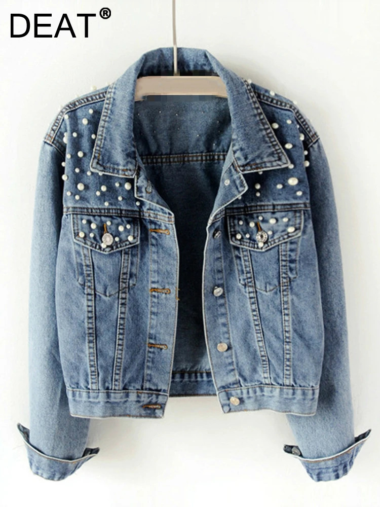 DEAT Fast Delivery Autumn Fashion Womens Denim Jacket Full Set Loose Button Pearl Short Collar Wild Casual AP446 241022