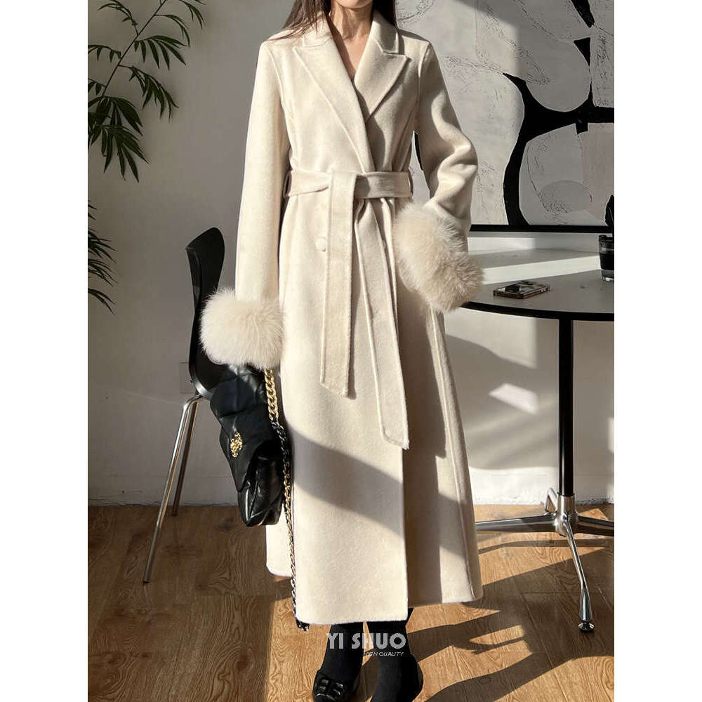 Rose Korean Double-Sided Cashmere Real Fox Fur Sleeve Black Double-Breasted Lapel Long Wool Coat Women