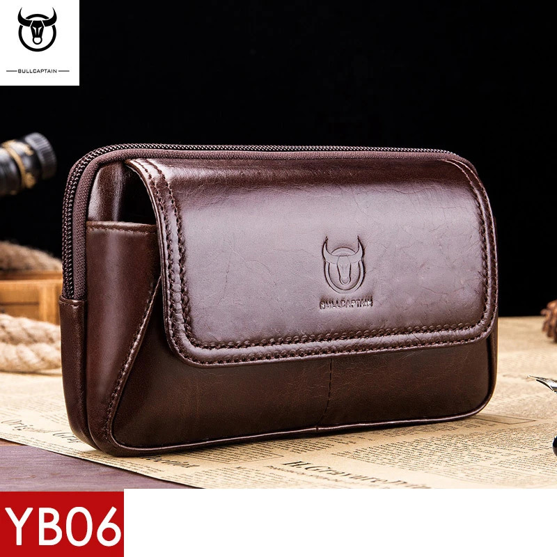 Bullcaptain leather mens fashionable waist bag retro travel sports belt running bag mens phone clutch wallet JYB072 241023