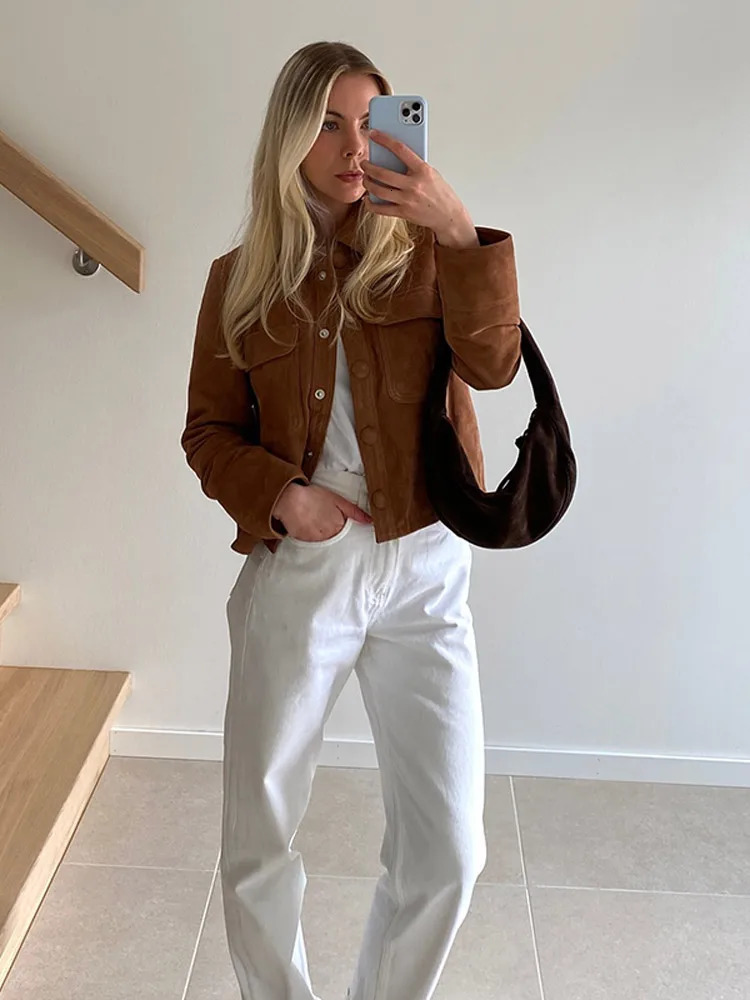 Autumn and winter brown womens slim fit suede short jacket fashionable single chest long sleeved cut jacket fashionable womens streetwear 241023