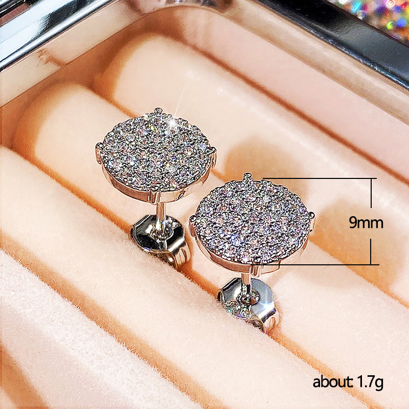 Classic Full Diamond Zircon Round Stud 925 Sterling Silver Crystal Women's Earrings Designer 9mm White Diamond Stud Earrings Luxury Wedding Jewel