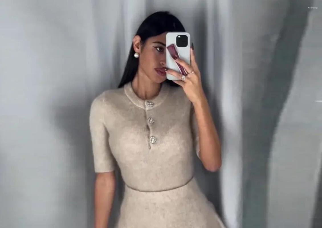 Work Dresses Mohair Sweater Skirt Sets Women Short Sleeve O-neck Pullover Mini Pleated Skirts Suits 2 Pieces Casual 2024 Autumn Lady Outfits
