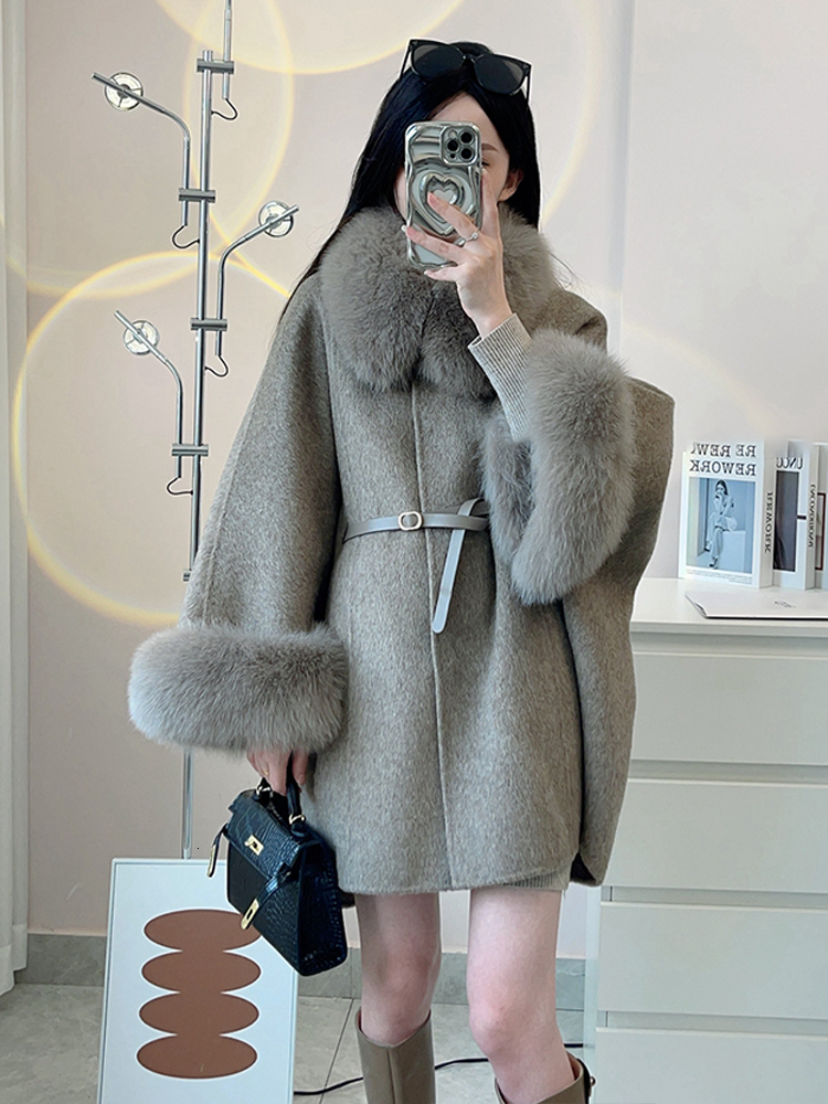 Winter Women's Real Fox Fur 100% Wool Cloak Cashmere Warm Jacket Detachable Collar Thick Female Coat
