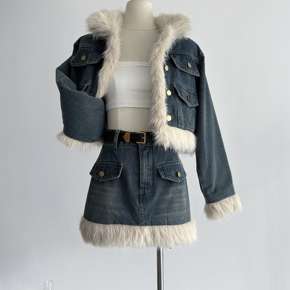 OIINAA Denim Women Fur Collar Vintage Jackets Cropped Coat Fashion Pockets Jean Skirt 2 Piece Sets Womens Outifits