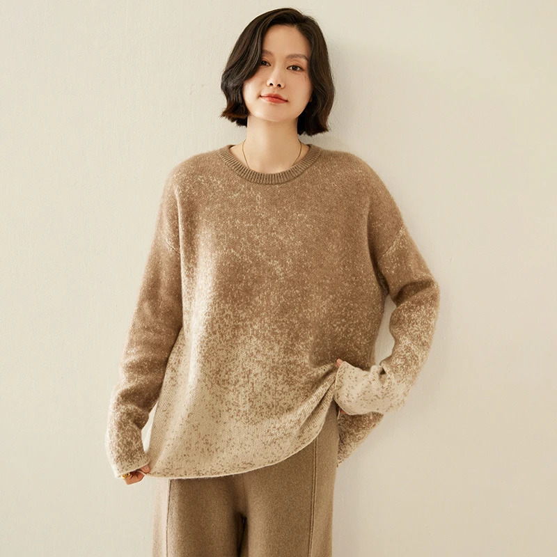 100% Goat Cashmere Sweater Womens 7Pin ONeck 4Color Gradient Color Pullover Knitted Casual Autumn And Winter Thicken Tops 241021