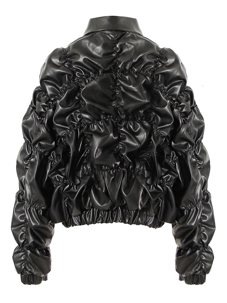 Dear Fashion Women's Pleated Lapel Puff Sleeve Cover Button Designer Slim PU Leather Jacket 2024 Autumn New Item 7Ab3798