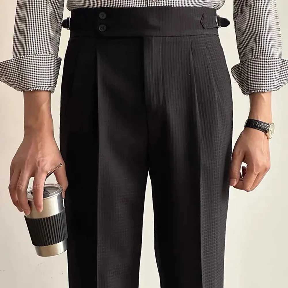 Mens Pants Suit Business British Office Casual Dress Pants Wfle Texture Chic Buckle High Waist Suit Pants Summer Mens ClothingX241023