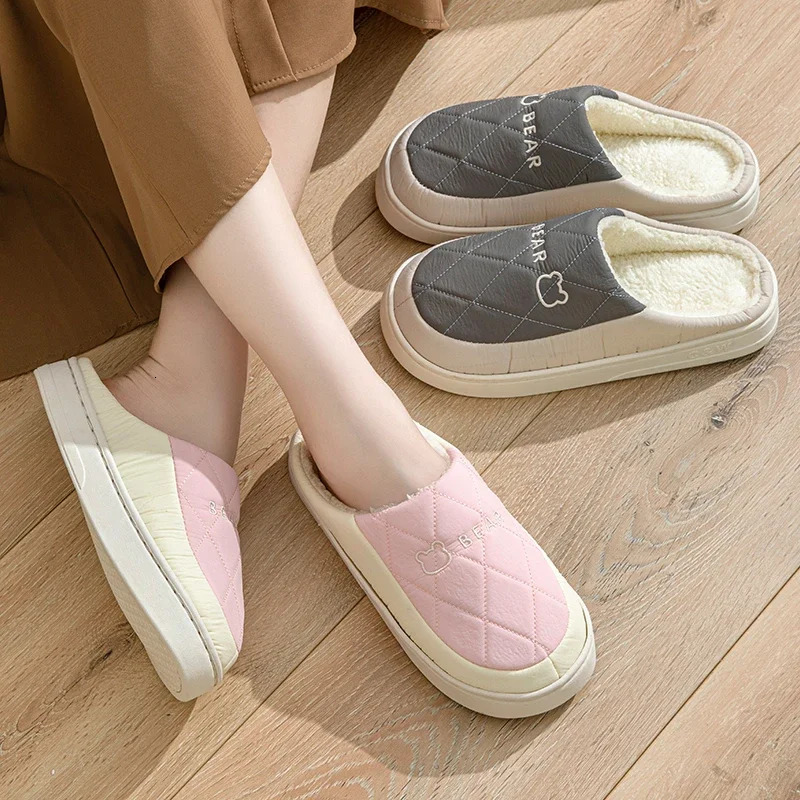 Autumn Winter Plush Warm Women Cotton Slippers Indoor Home Casual Toe Wrap Thick Slides Men Anti Slip Vamp Waterproof Soft Shoes