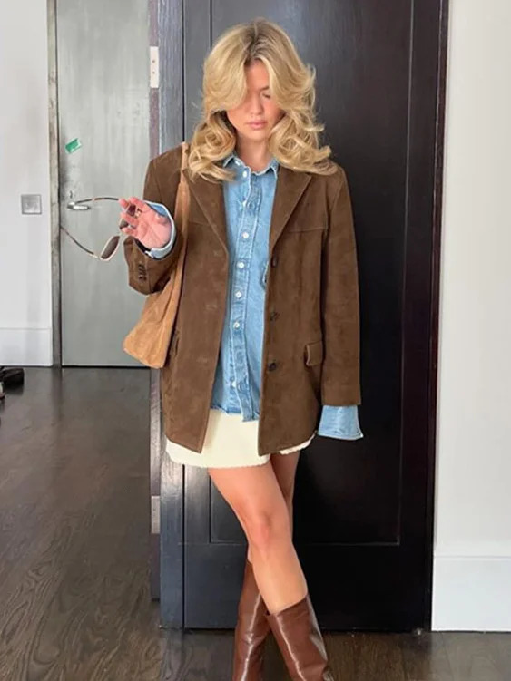 Retro womens brown single chest pocket suede suit jacket fashionable lapel long sleeved womens jacket autumn warm streetwear 241023