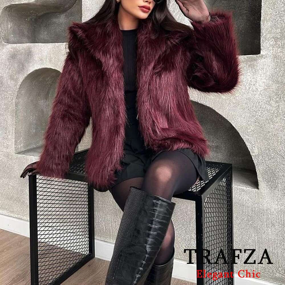 Trafza-Women Ancora Red Solid Faux Fur Jacket Big Lapel New 2024 Autumn Winter Fashion Slouchy Bury Coat