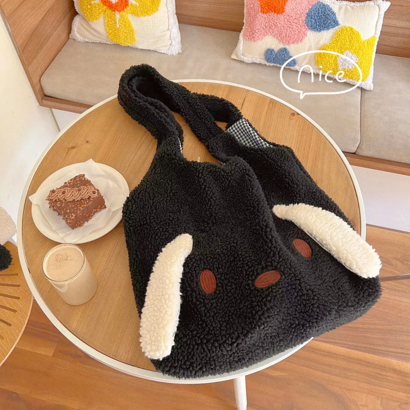 Big ears imitating sheepskin shoulder bag womens soft and warm plush handbag large capacity shopping bag Kawaii handbag Sac 241022 ww