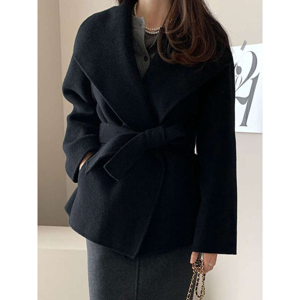 Big Turn-Down Collar Long Sleeve Double-Faced Cashmere Coat Lace-Up Chic Women Winter Woolen Coats Autumn New