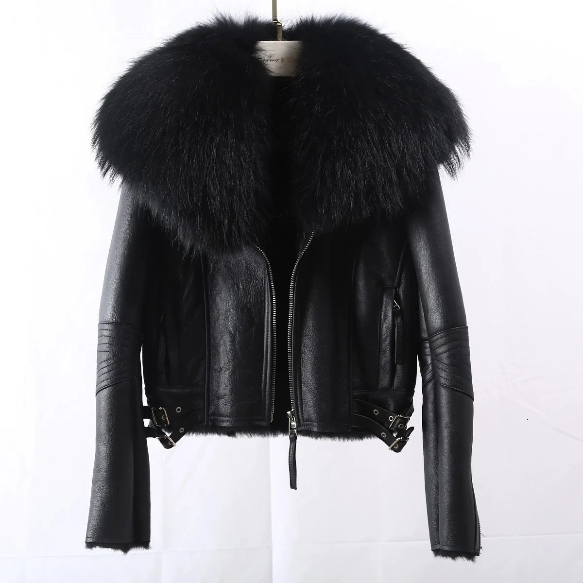 FURARISTOCRAT Real Raccoon Fur Collar Coat Genuine Leather Sheepskin Jackets Women Coats Short n 241021